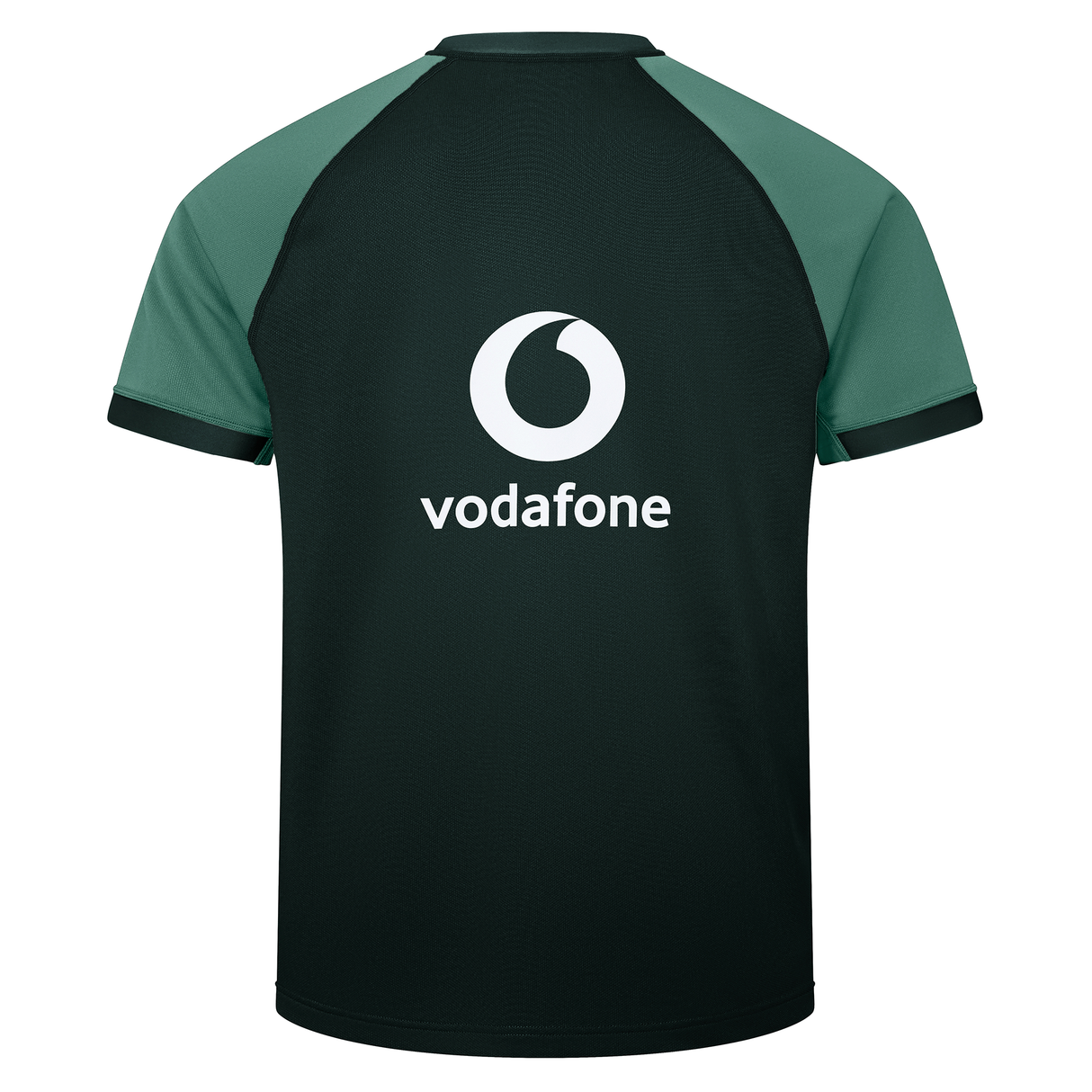 Back view of the Ireland 25/26 Six Nations Pro Training Jersey by Canterbury in black and green, featuring a white Vodafone logo and text on the upper back. Designed for top performance and comfort.