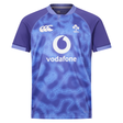 The Ireland 25/26 Six Nations Pro Training Jersey by Canterbury is a blue and purple short-sleeve top with Vodafone, IRFU, and Canterbury logos on the front.