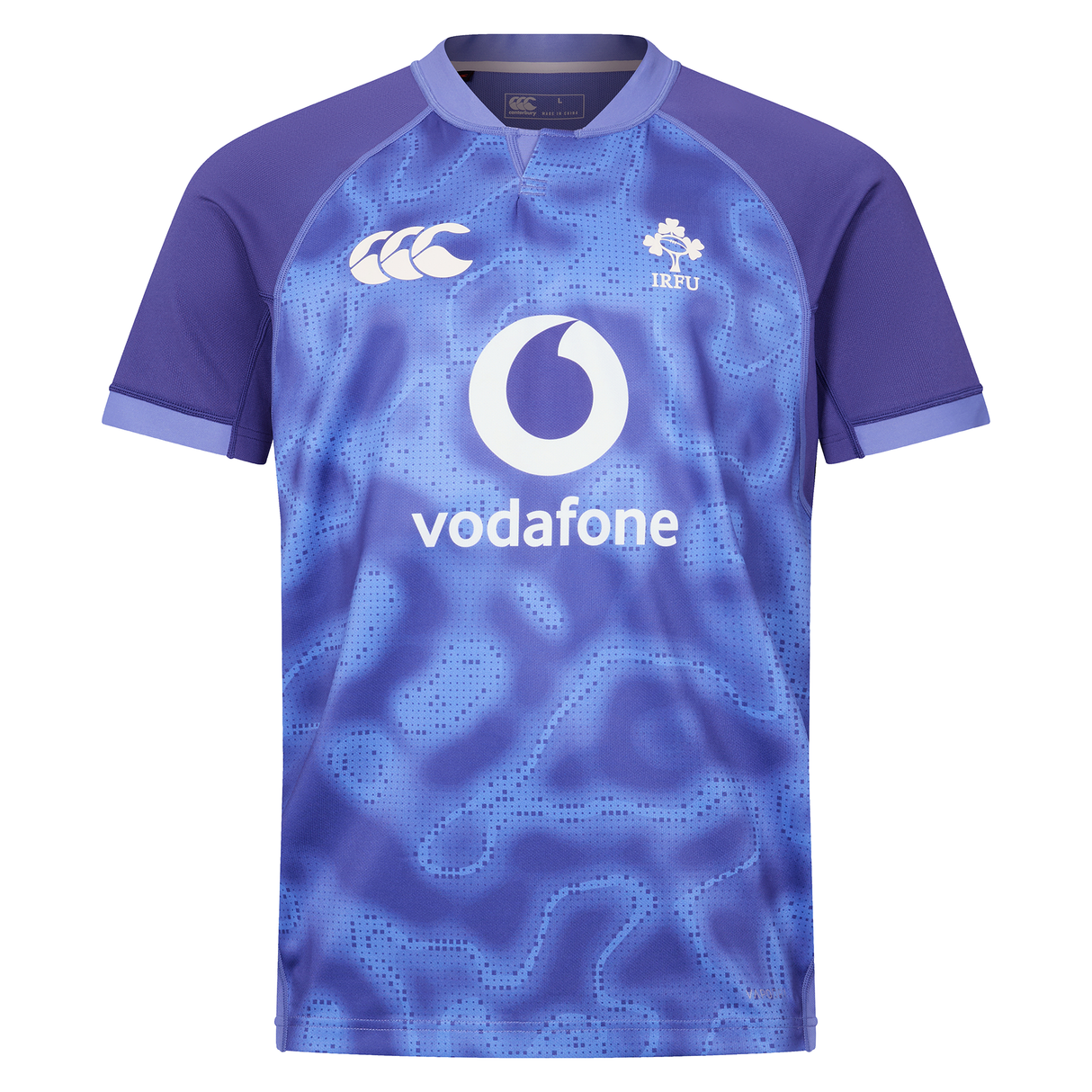 The Ireland 25/26 Six Nations Pro Training Jersey by Canterbury is a blue and purple short-sleeve top with Vodafone, IRFU, and Canterbury logos on the front.