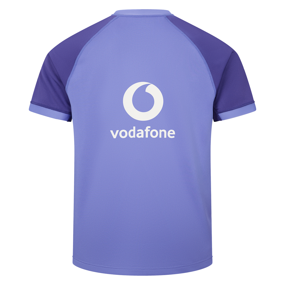 The Ireland 25/26 Six Nations Pro Training Jersey by Canterbury features short sleeves, dark purple accents, a white "vodafone" logo on the back, and is made from Vapodri fabric for comfort.