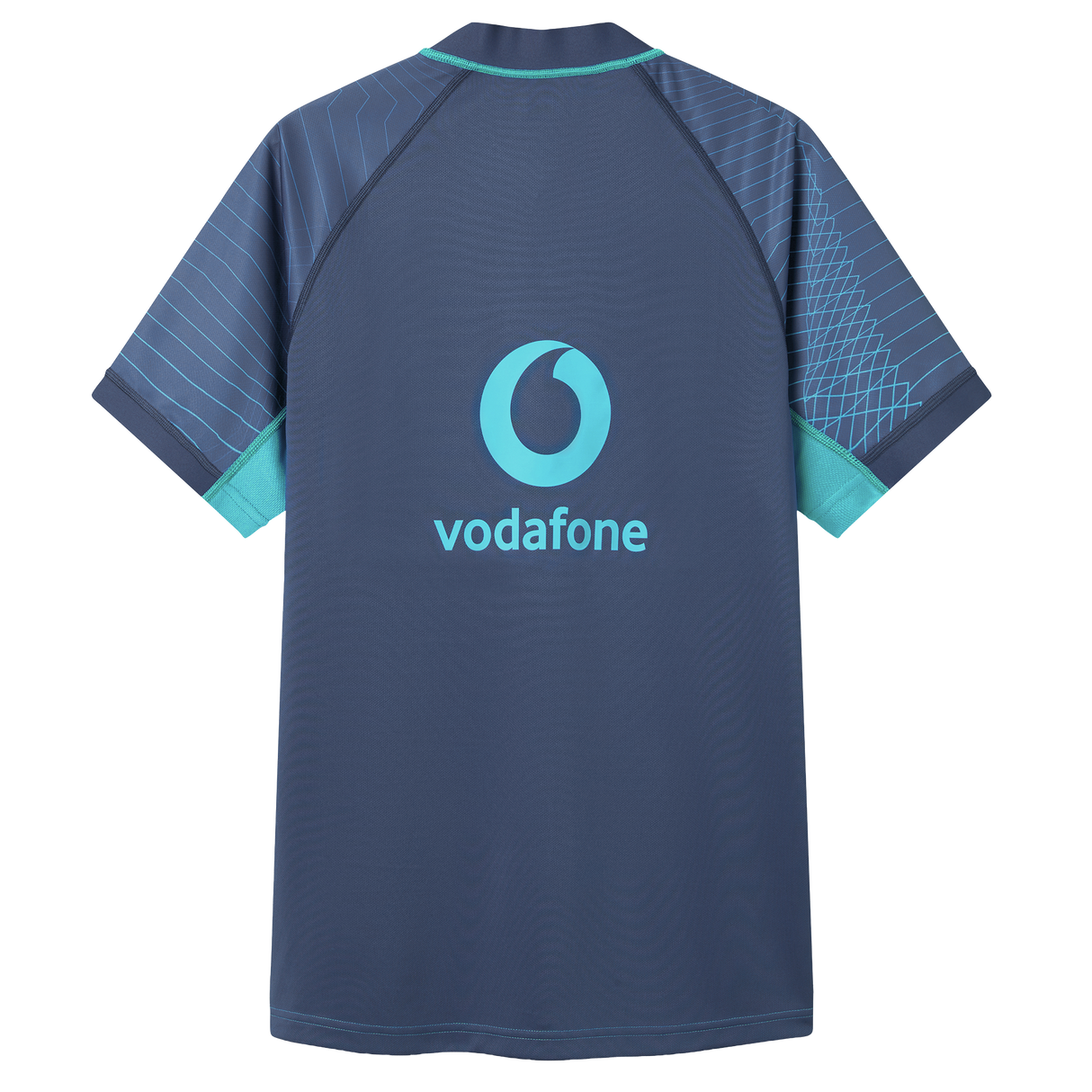 The Ireland 26/27 Summer Tour Training Pro Jersey by Canterbury is a navy blue, short-sleeved jersey with turquoise accents, a Pro Fit design, and a Vodafone logo centered on the back.