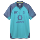 The Ireland 26/27 Summer Tour Training Pro Jersey by Canterbury features a turquoise and navy design, Vodafone logo, IRFU emblem, and Canterbury Pro Fit style on the chest.