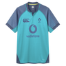 The Ireland 26/27 Summer Tour Training Pro Jersey by Canterbury features a turquoise and navy design, Vodafone logo, IRFU emblem, and Canterbury Pro Fit style on the chest.