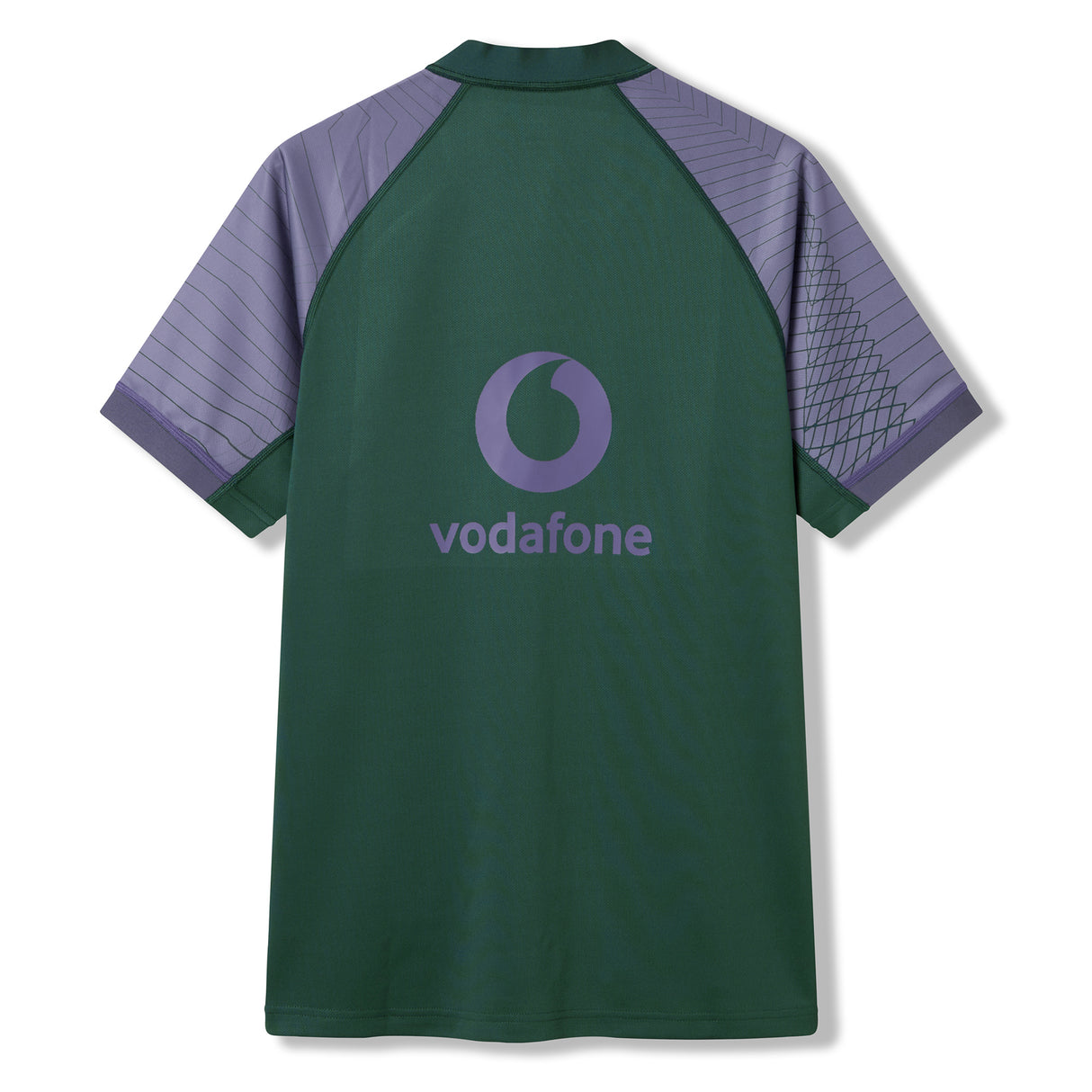 The Ireland 26 Training Pro Jersey by Canterbury is a green short-sleeve sports jersey with purple shoulder panels, featuring VapoDri technology for enhanced comfort and moisture management, and a large Vodafone logo on the back. Perfect for training sessions, this official Canterbury jersey combines performance and style for Ireland Rugby fans.