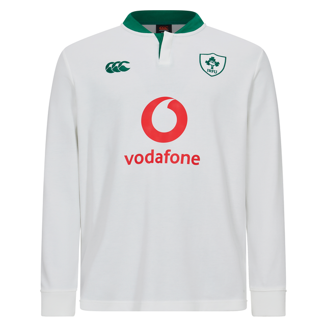 The Ireland 25/26 Long Sleeve Classic Alternate Jersey by Canterbury features a heritage white design with green trim, the Irish Rugby Football Union logo, Canterbury branding, and Vodafone sponsor on the front.