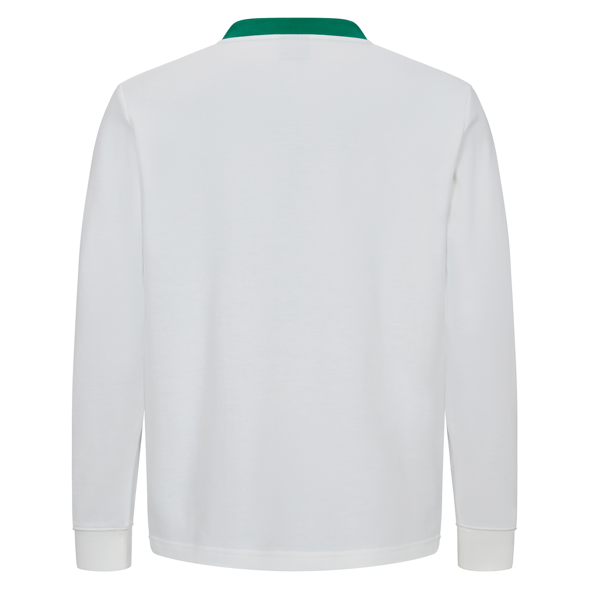 Back view of the Canterbury Ireland 25/26 Long Sleeve Classic Alternate Jersey in white with a green collar, featuring classic Ireland rugby design, displayed against a plain white background.