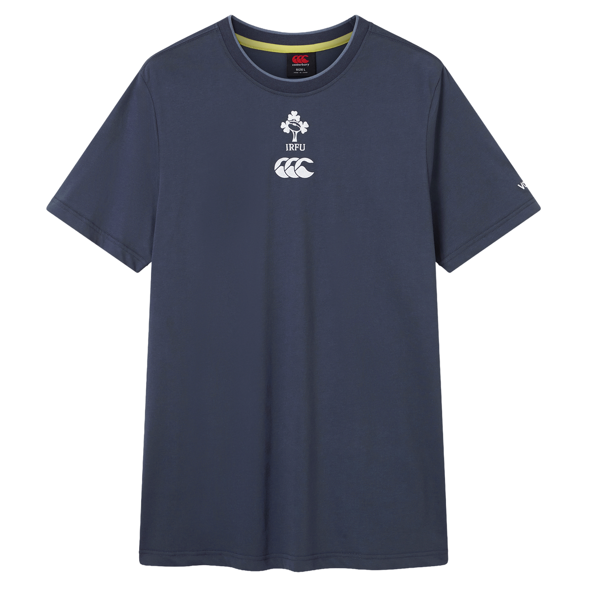 The Ireland 26/27 Summer Tour Team Cotton T-Shirt by Canterbury is a navy short-sleeve tee featuring the IRFU and Canterbury logos—ideal for fans supporting the team this summer.