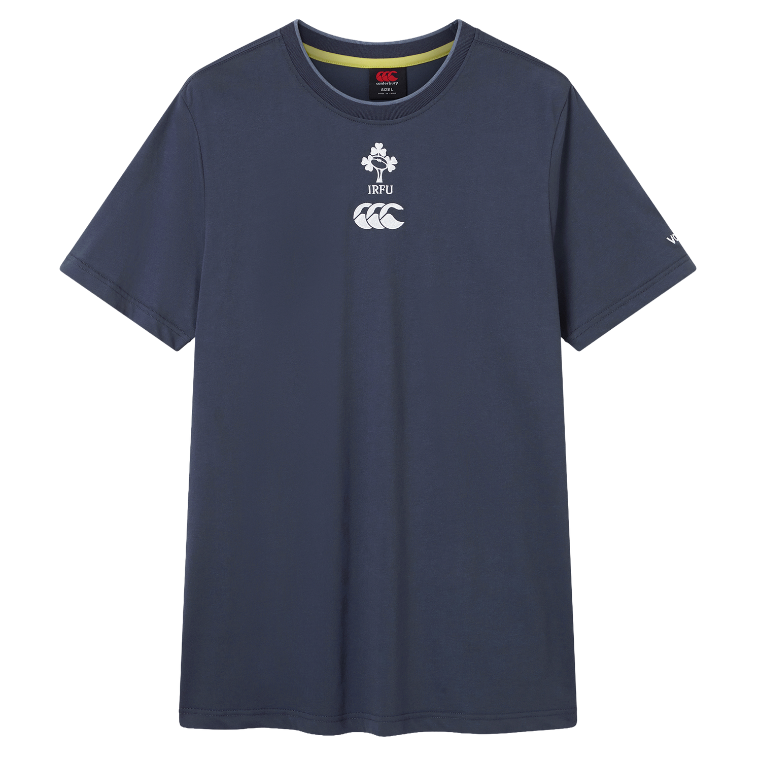 The Ireland 26/27 Summer Tour Team Cotton T-Shirt by Canterbury is a navy short-sleeve tee featuring the IRFU and Canterbury logos—ideal for fans supporting the team this summer.