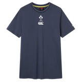 The Ireland 26/27 Summer Tour Team Cotton T-Shirt by Canterbury is a navy short-sleeve tee featuring the IRFU and Canterbury logos—ideal for fans supporting the team this summer.