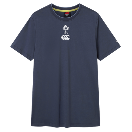 The Ireland 26/27 Summer Tour Team Cotton T-Shirt by Canterbury is a navy short-sleeve tee featuring the IRFU and Canterbury logos—ideal for fans supporting the team this summer.