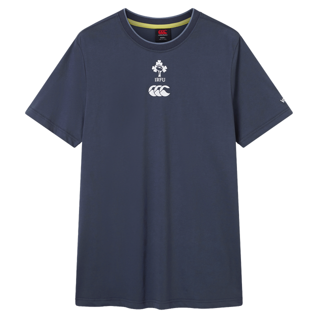 The Ireland 26/27 Summer Tour Team Cotton T-Shirt by Canterbury is a navy short-sleeve tee featuring the IRFU and Canterbury logos—ideal for fans supporting the team this summer.