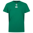 The Ireland 25/26 Team Cotton Tee by Canterbury is a green short-sleeved shirt with white shamrock and Canterbury logos on the chest—an essential rugby fan staple.