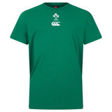 The Ireland 25/26 Team Cotton Tee by Canterbury is a green short-sleeved shirt with white shamrock and Canterbury logos on the chest—an essential rugby fan staple.
