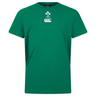 The Ireland 25/26 Team Cotton Tee by Canterbury is a green short-sleeved shirt with white shamrock and Canterbury logos on the chest—an essential rugby fan staple.