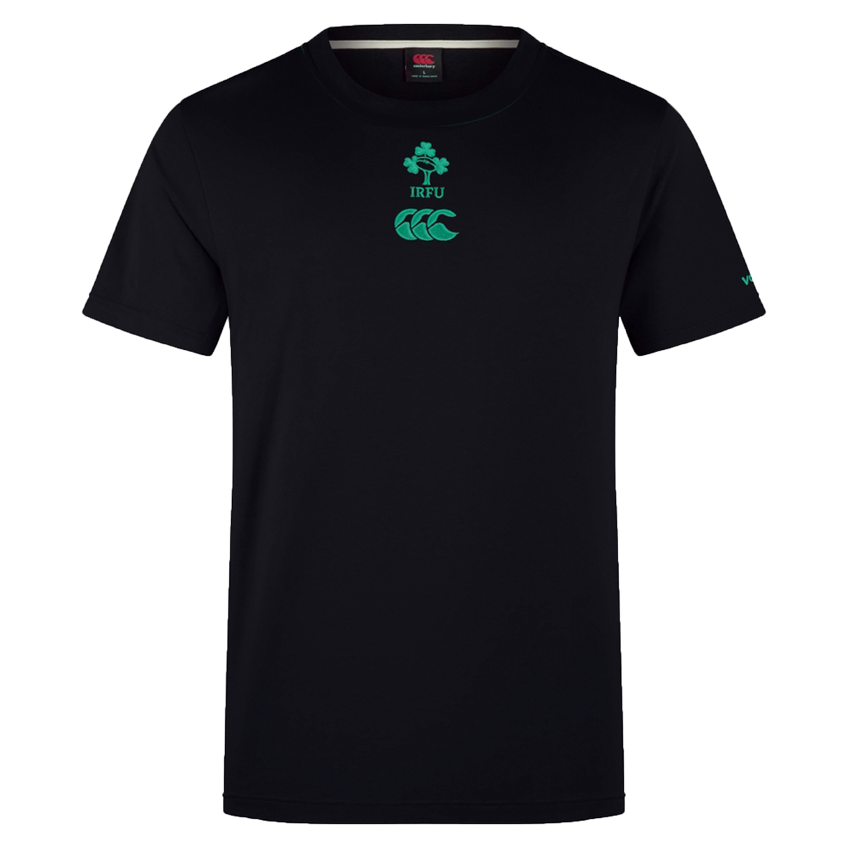 The Ireland 25/26 Team Cotton Tee by Canterbury is a plain black short-sleeve rugby shirt with the IRFU and Canterbury logos in green on the chest.