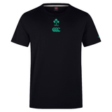 The Ireland 25/26 Team Cotton Tee by Canterbury is a plain black short-sleeve rugby shirt with the IRFU and Canterbury logos in green on the chest.