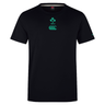 The Ireland 25/26 Team Cotton Tee by Canterbury is a plain black short-sleeve rugby shirt with the IRFU and Canterbury logos in green on the chest.