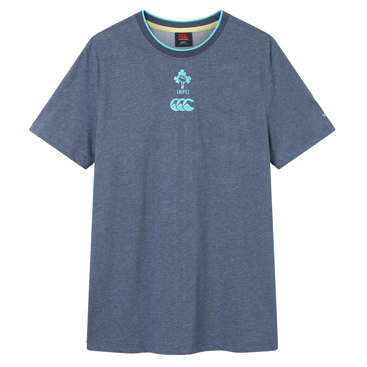 The Ireland 26/27 Summer Tour Team Cotton T-Shirt by Canterbury features short sleeves, a heather blue color, round neck, and IRFU plus Canterbury logos—ideal for supporting the team this summer.