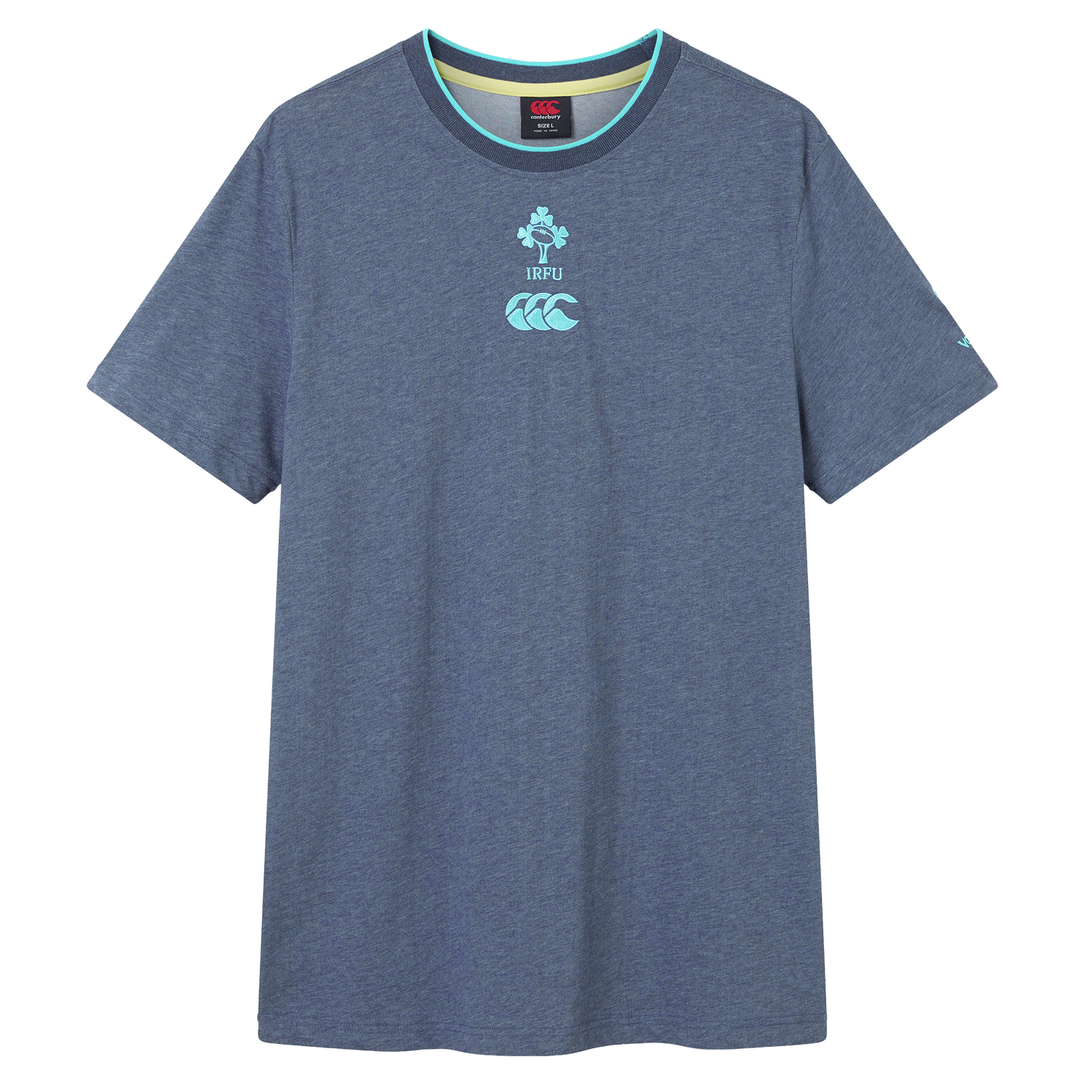 The Ireland 26/27 Summer Tour Team Cotton T-Shirt by Canterbury features short sleeves, a heather blue color, round neck, and IRFU plus Canterbury logos—ideal for supporting the team this summer.