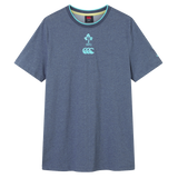 The Ireland 26/27 Summer Tour Team Cotton T-Shirt by Canterbury features short sleeves, a heather blue color, round neck, and IRFU plus Canterbury logos—ideal for supporting the team this summer.