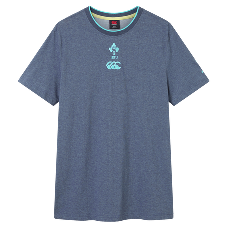 The Ireland 26/27 Summer Tour Team Cotton T-Shirt by Canterbury features short sleeves, a heather blue color, round neck, and IRFU plus Canterbury logos—ideal for supporting the team this summer.