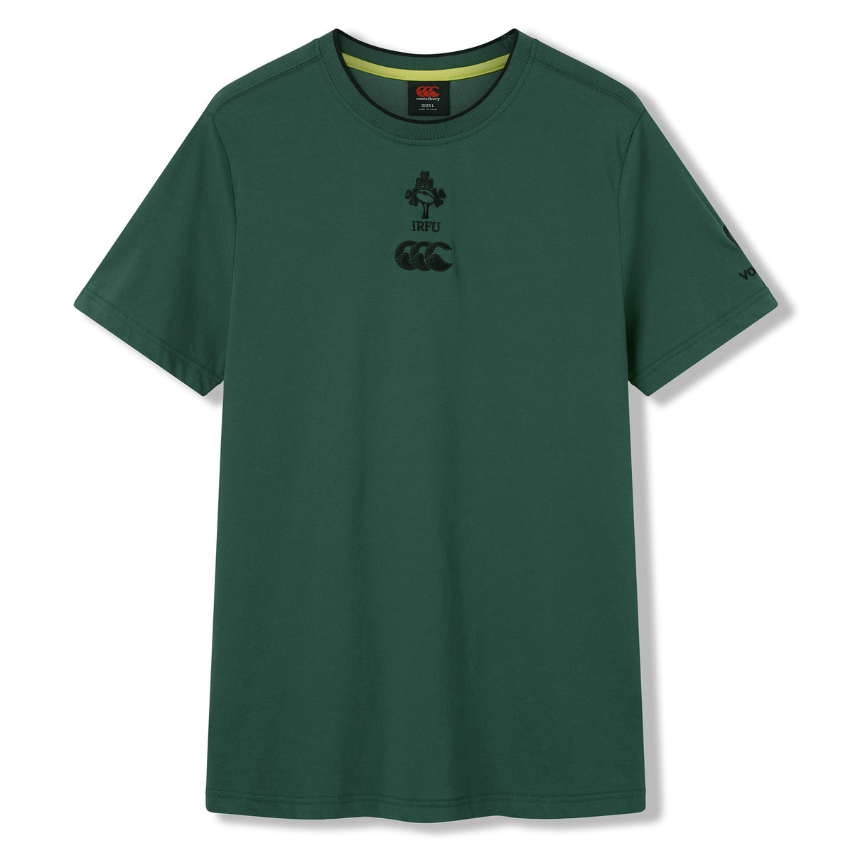 The Ireland 26 Team Cotton T-shirt by Canterbury is a green short-sleeve rugby tee featuring both the IRFU logo and Canterbury logo on the chest, shown against a white background.