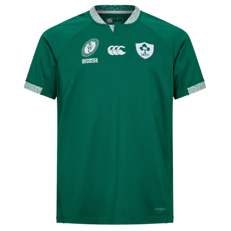 Show your support in the Ireland WRWC25 Replica Home Jersey by Canterbury, featuring white logos, official IRFU crest, and patterned trim on collar and cuffs—celebrate your team in this authentic Canterbury design.