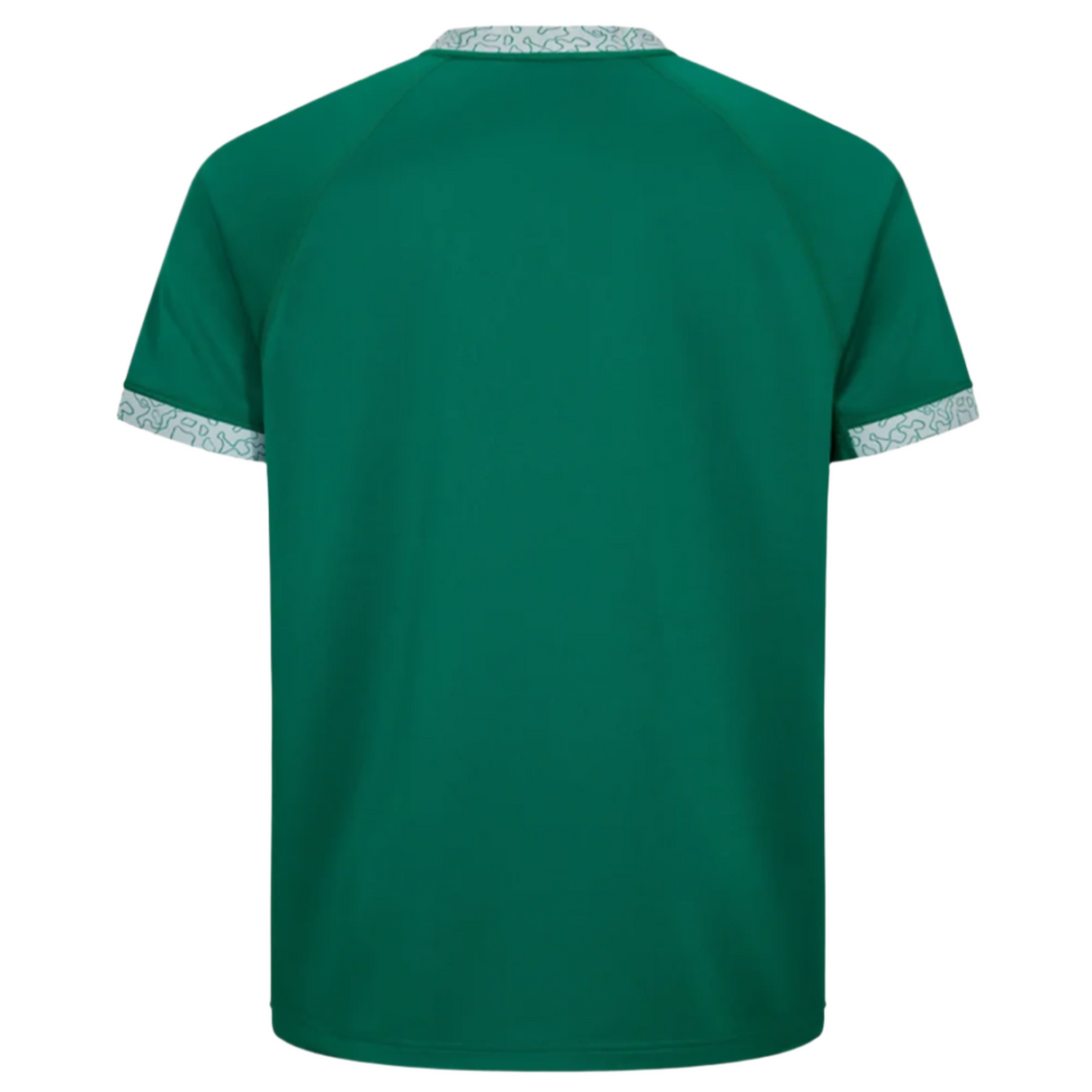 Ireland WRWC25 Replica Home Jersey by Canterbury, shown from the back in green, features patterned trim on the sleeve cuffs and collar, inspired by classic Ireland rugby style.