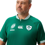 A man stands against a plain white background wearing the Canterbury Ireland WRWC25 Replica Home Jersey, featuring sponsor logos.