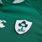 Close-up of the Ireland WRWC25 Replica Home Jersey by Canterbury, showcasing the IRFU crest and a white Canterbury logo.