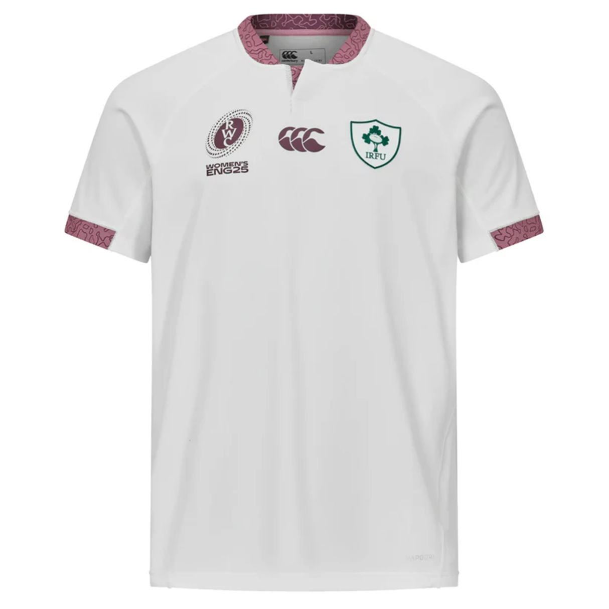 Show your support in the Ireland WRWC25 Replica Alternate Jersey by Canterbury, featuring white fabric with maroon trim and Women's Six Nations, Canterbury, and IRFU logos—a must-have for Rugby World Cup 2025 fans.