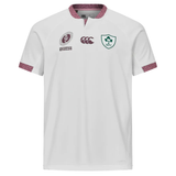 Show your support in the Ireland WRWC25 Replica Alternate Jersey by Canterbury, featuring white fabric with maroon trim and Women's Six Nations, Canterbury, and IRFU logos—a must-have for Rugby World Cup 2025 fans.