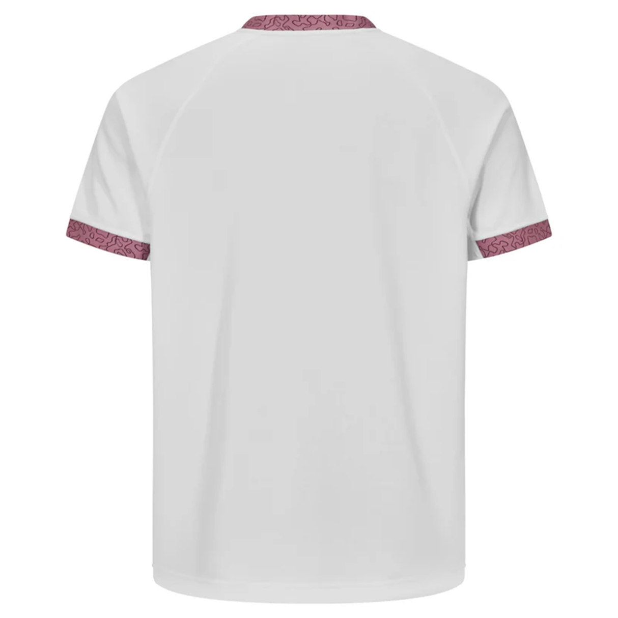 The Ireland WRWC25 Replica Alternate Jersey by Canterbury is a plain white short-sleeve shirt with patterned maroon trim on the collar and sleeve cuffs, inspired by the Rugby World Cup 2025.