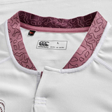 Close-up of the Ireland WRWC25 Replica Alternate Jersey by Canterbury, showing a maroon patterned collar, brand tag, and size label marked "L, made in China.