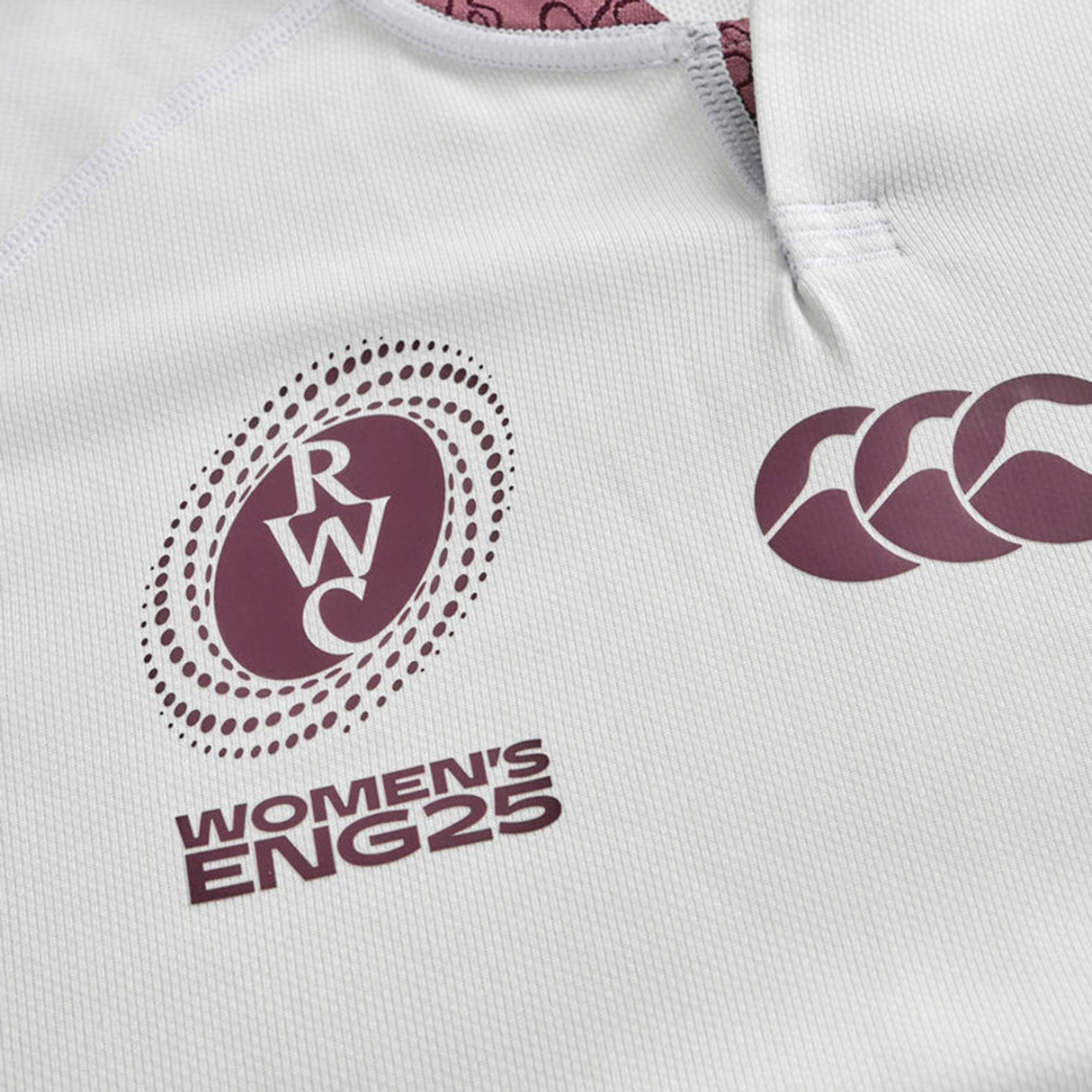 Close-up of the Ireland WRWC25 Replica Alternate Jersey by Canterbury, showing the Rugby World Cup 2025 logo, "WOMEN'S ENG25" text, and the Canterbury brand logo in maroon.