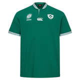 The Ireland WRWC25 Classic Jersey by Canterbury is a green short-sleeve top with Ireland rugby logos and a white Canterbury logo, plus patterned trim—ideal for supporting the Ireland Women's Rugby World Cup 2025 team.