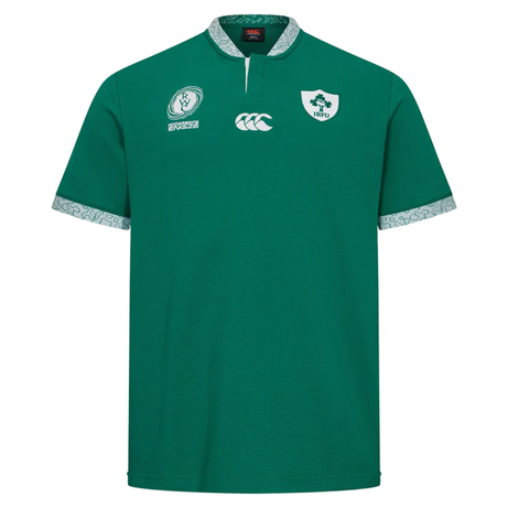 The Ireland WRWC25 Classic Jersey by Canterbury is a green short-sleeve top with Ireland rugby logos and a white Canterbury logo, plus patterned trim—ideal for supporting the Ireland Women's Rugby World Cup 2025 team.