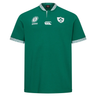 The Ireland WRWC25 Classic Jersey by Canterbury is a green short-sleeve top with Ireland rugby logos and a white Canterbury logo, plus patterned trim—ideal for supporting the Ireland Women's Rugby World Cup 2025 team.