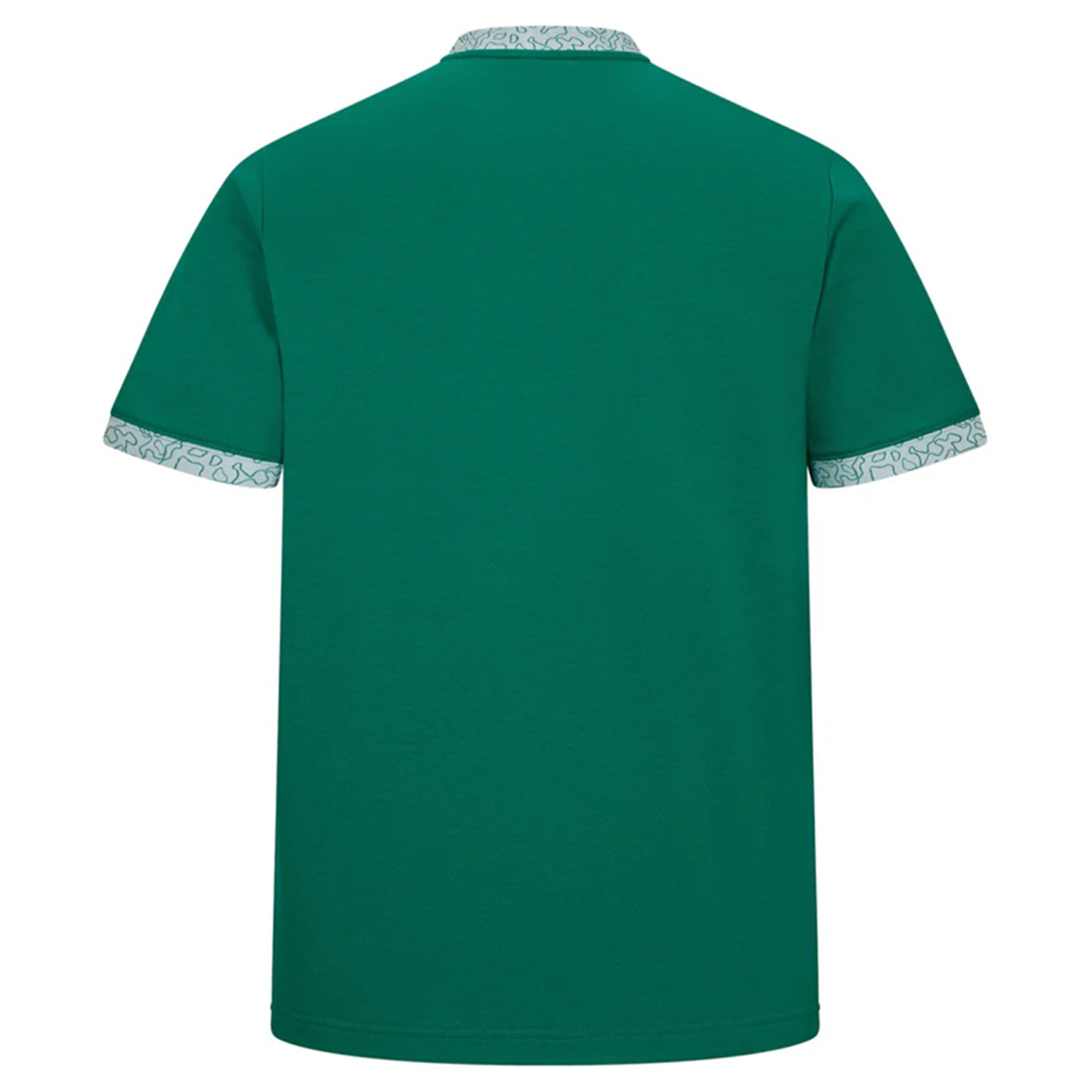 Back view of the Ireland WRWC25 Classic Jersey by Canterbury, a green women's rugby shirt with patterned trim on the collar and sleeves—stylish detailing for Rugby World Cup 2025.