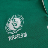 The Ireland WRWC25 Classic Jersey by Canterbury features green fabric, a white "RWC" logo in a circular design, and "WOMEN'S ENG25" text below, designed for the Ireland Women's Rugby World Cup 2025.