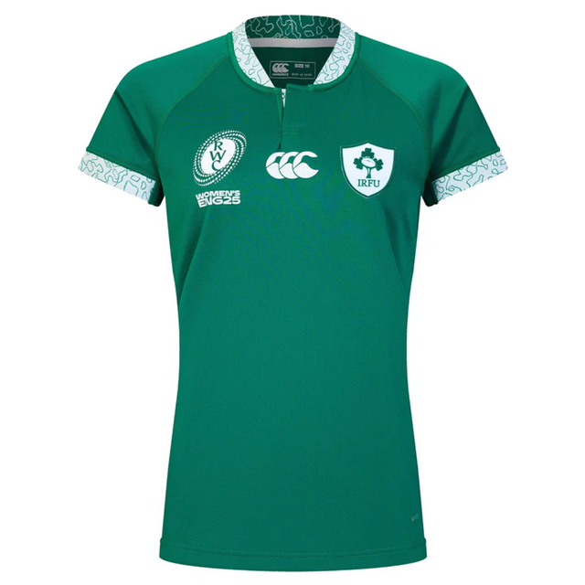 Show your support in the Women's Ireland WRWC25 Replica Home Jersey by Canterbury, featuring white and green collar and sleeve trim, IRFU and Canterbury logos, plus "Women's Six Nations 2023" on the chest—a must-have for Rugby World Cup 2025 fans.