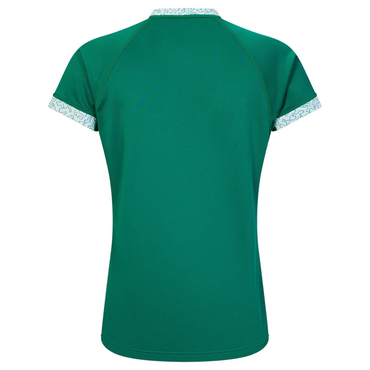 The Women's Ireland WRWC25 Replica Home Jersey by Canterbury is a green short-sleeve shirt with light patterned trim on the collar and sleeves, inspired by the Ireland Women's Rugby World Cup 2025 kit.