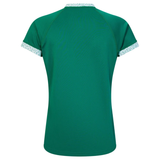 The Women's Ireland WRWC25 Replica Home Jersey by Canterbury is a green short-sleeve shirt with light patterned trim on the collar and sleeves, inspired by the Ireland Women's Rugby World Cup 2025 kit.