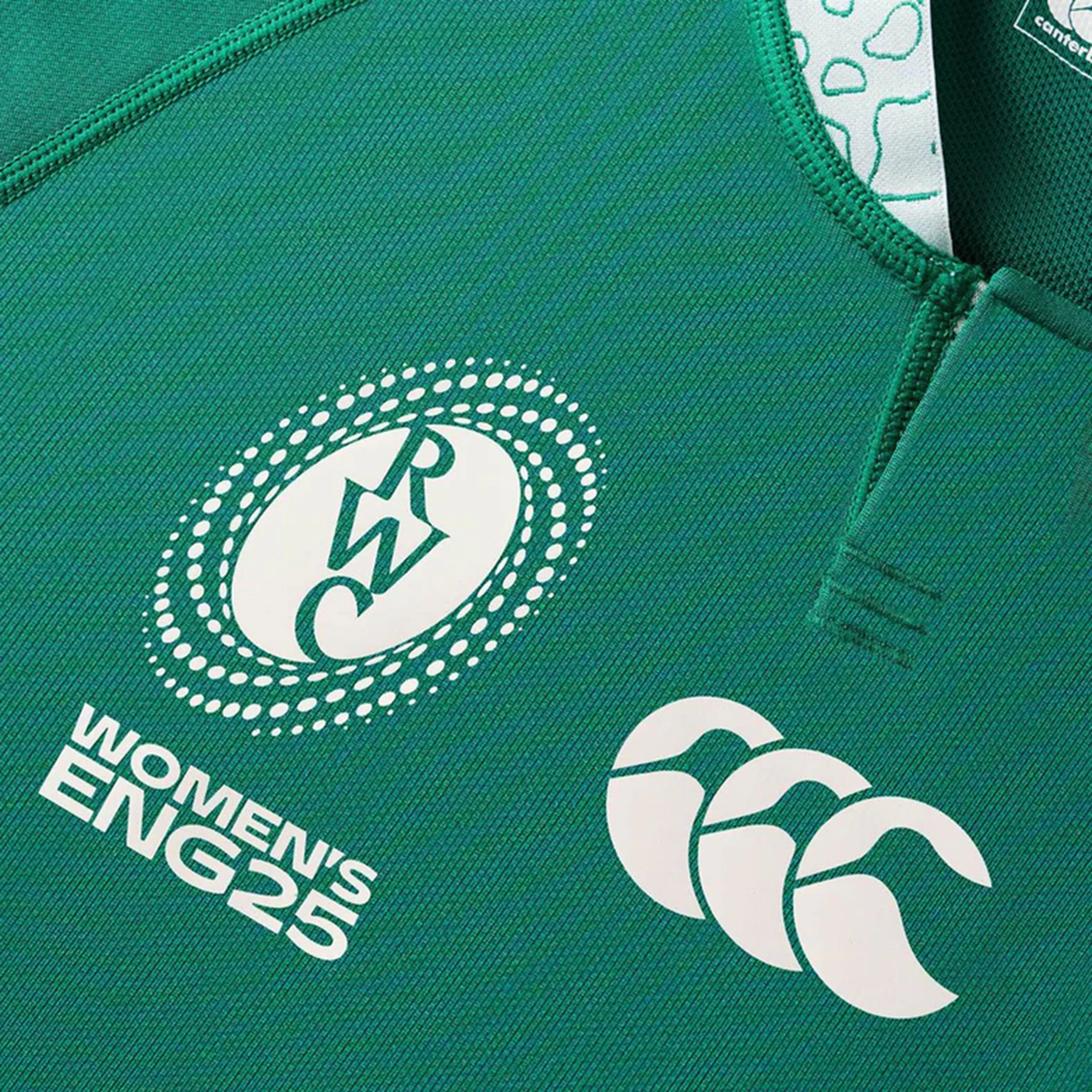 The Women's Ireland WRWC25 Replica Home Jersey by Canterbury features the Rugby World Cup Women's ENG25 logo and Canterbury branding—a perfect replica for fans.