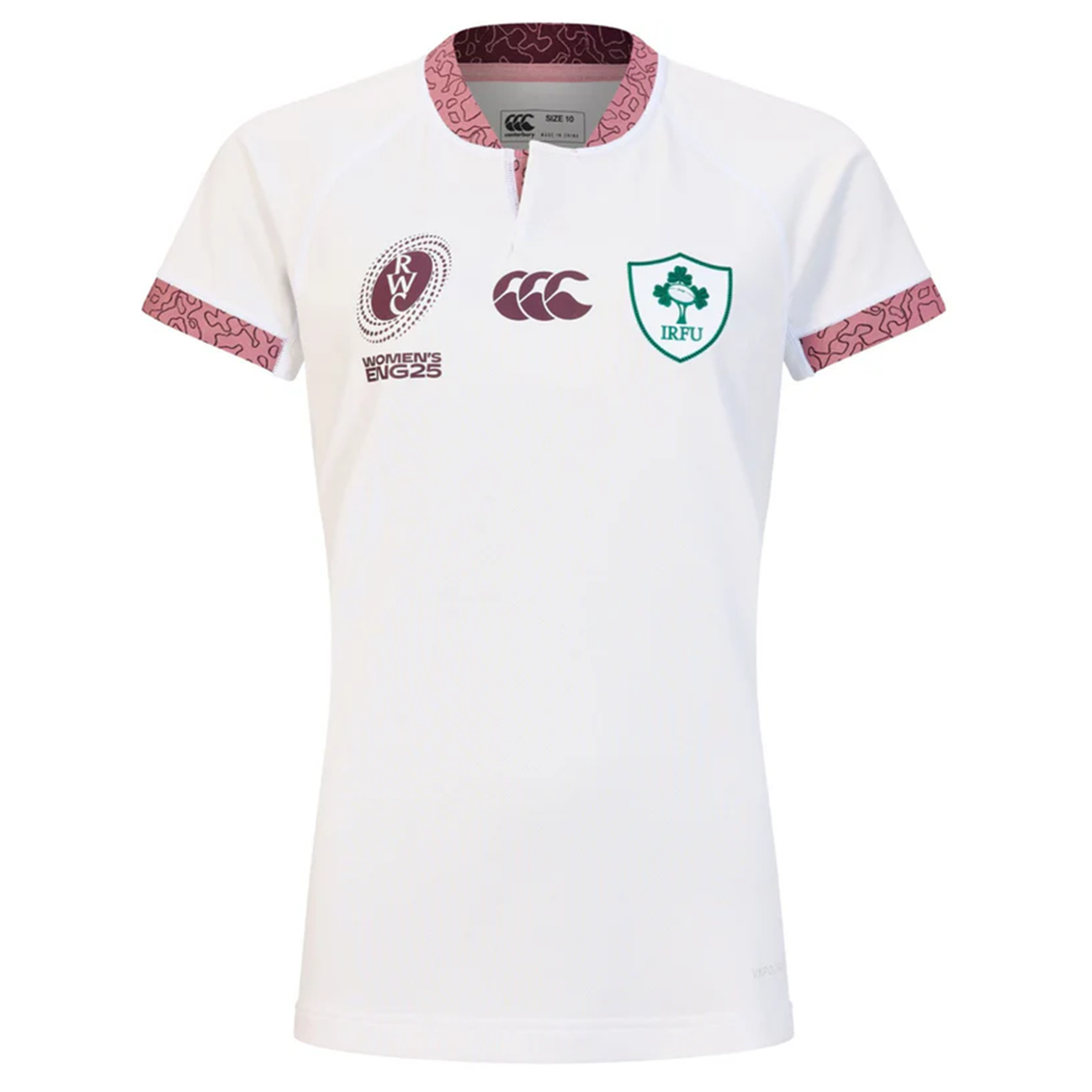 The Women's Ireland WRWC25 Replica Alternate Jersey by Canterbury features a white short-sleeve design with maroon collar and cuffs, plus IRFU and Women's Rugby World Cup logos—ideal for Ireland fans supporting WRWC 2025.