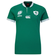 Show your support at Rugby World Cup 2025 in the Women's Ireland WRWC25 Classic Jersey by Canterbury, featuring green short sleeves, white accents, and Ireland and sponsor logos on the chest with patterned trim.