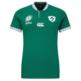 Show your support at Rugby World Cup 2025 in the Women's Ireland WRWC25 Classic Jersey by Canterbury, featuring green short sleeves, white accents, and Ireland and sponsor logos on the chest with patterned trim.