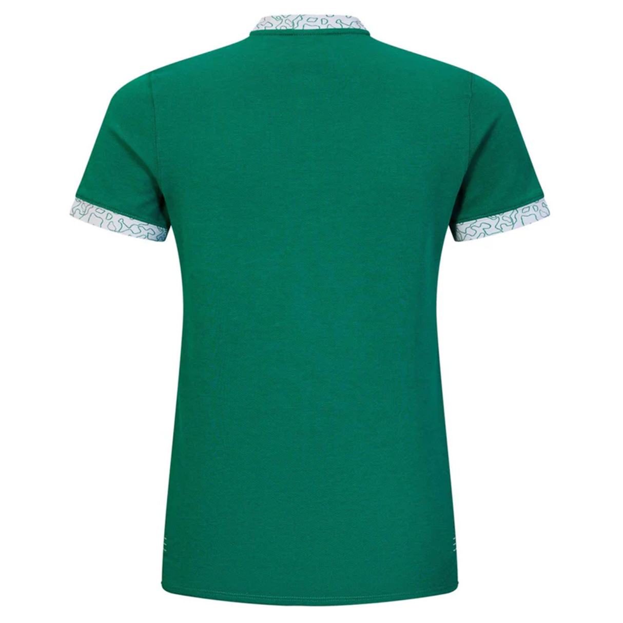 Back view of the Women's Ireland WRWC25 Classic Jersey by Canterbury, a short-sleeve green polo shirt with patterned trim on the collar and sleeves, inspired by the Rugby World Cup 2025.
