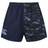 The Canterbury Force Harlequin Drill Shorts for men feature one solid navy blue leg, one with a blue and black abstract pattern, and a logo on the solid side.