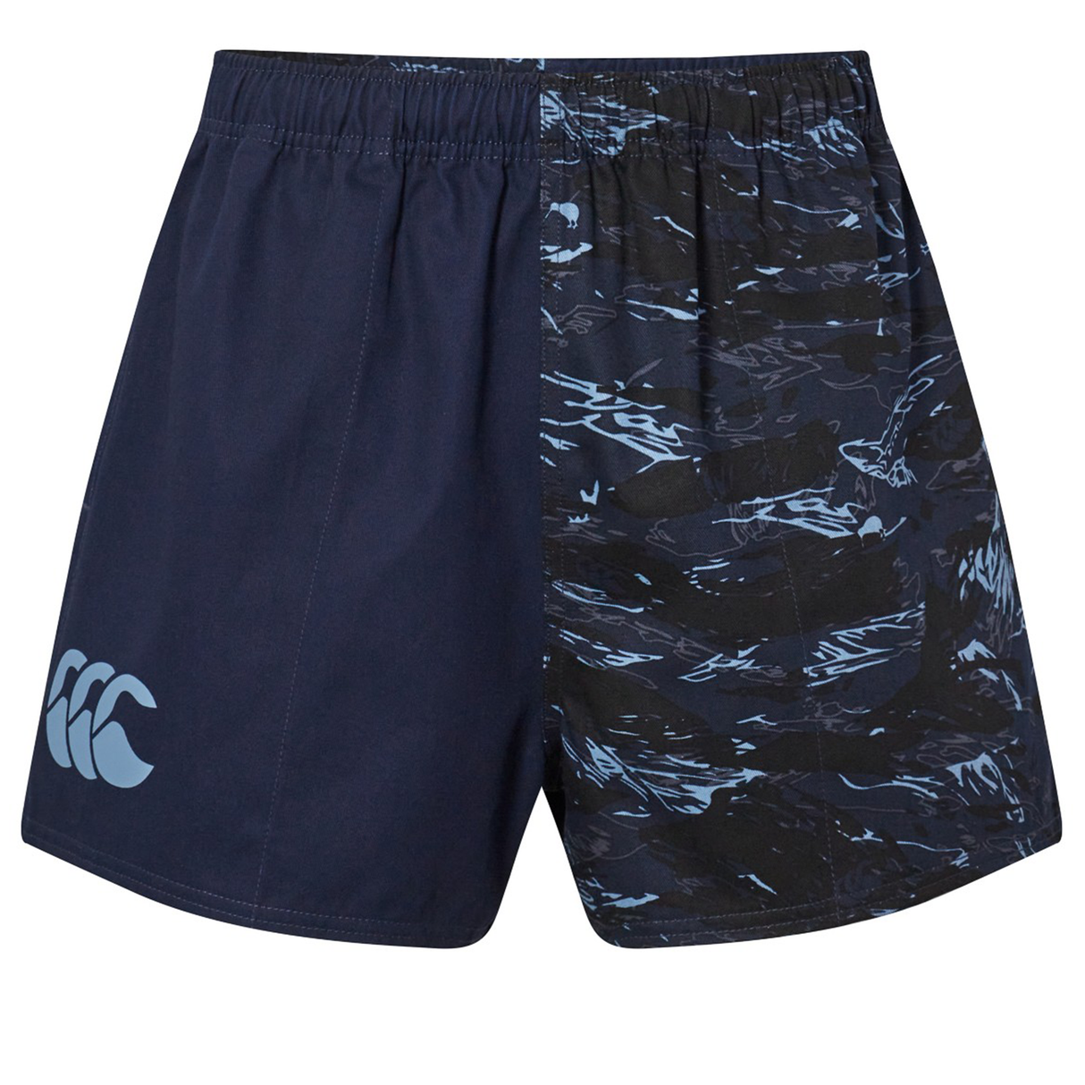 The Canterbury Force Harlequin Drill Shorts for men feature one solid navy blue leg, one with a blue and black abstract pattern, and a logo on the solid side.